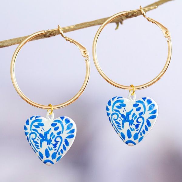 Alternate image for 14k Gold-Plated Hoop Earrings with Blue Papier Mache Hearts Blue Affection