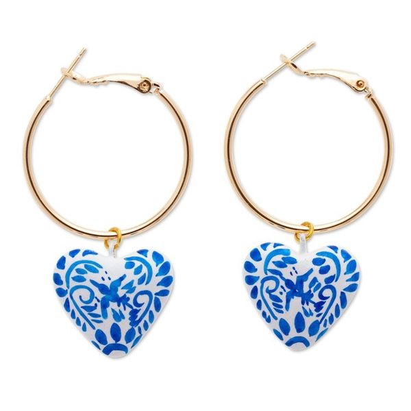 Alternate image for 14k Gold-Plated Hoop Earrings with Blue Papier Mache Hearts Blue Affection