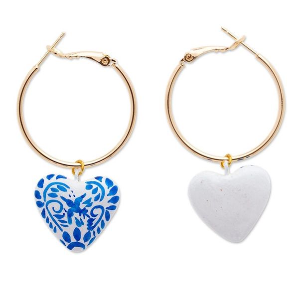 Alternate image for 14k Gold-Plated Hoop Earrings with Blue Papier Mache Hearts Blue Affection