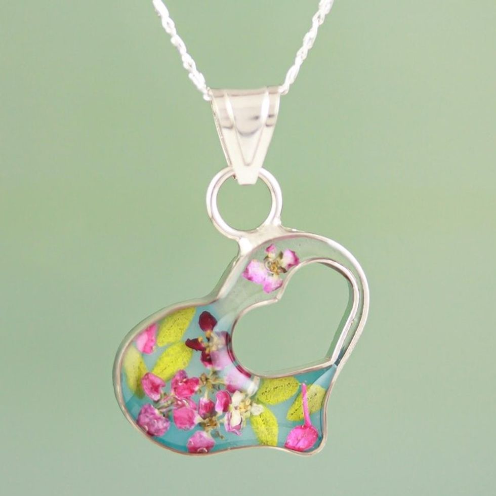 Sterling Silver Necklace with Natural Flower Pendant 'Flowered Heart'