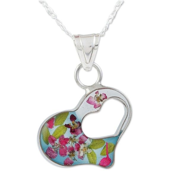 Alternate image for Sterling Silver Necklace with Natural Flower Pendant Flowered Heart