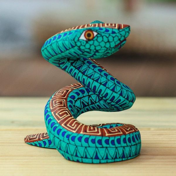 Alternate image for Hand-Painted Aqua Copal Wood Alebrije Snake Figurine Aqua Hiss