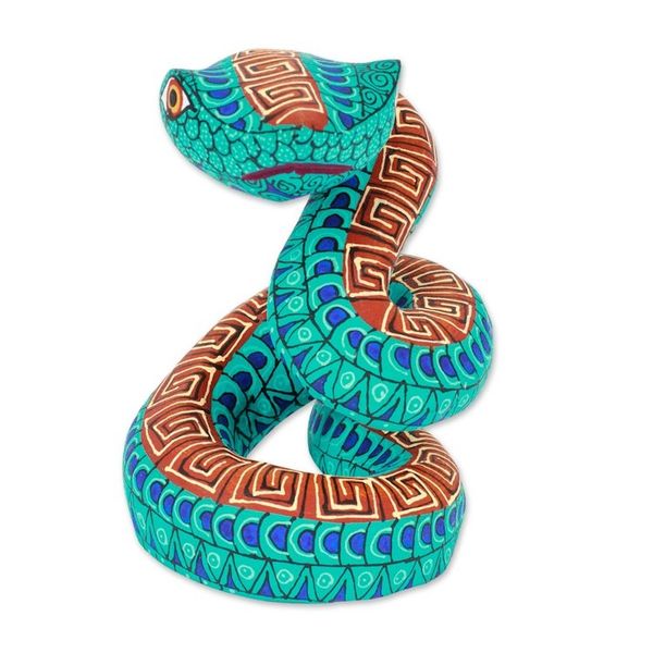 Alternate image for Hand-Painted Aqua Copal Wood Alebrije Snake Figurine Aqua Hiss