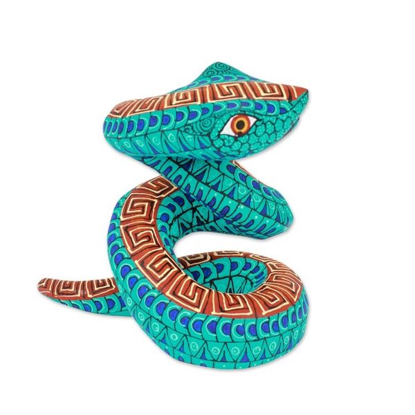 Alternate image for Hand-Painted Aqua Copal Wood Alebrije Snake Figurine Aqua Hiss