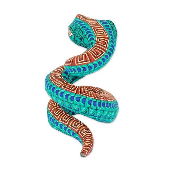 Alternate image for Hand-Painted Aqua Copal Wood Alebrije Snake Figurine Aqua Hiss