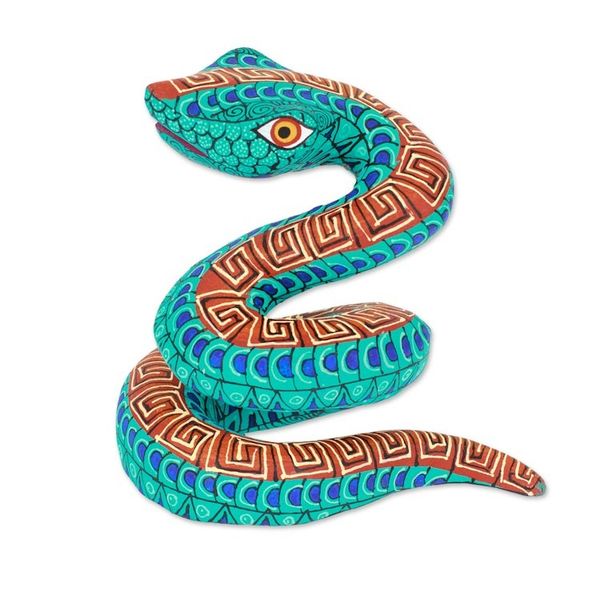 Alternate image for Hand-Painted Aqua Copal Wood Alebrije Snake Figurine Aqua Hiss