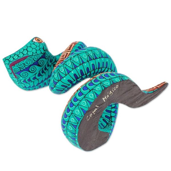 Alternate image for Hand-Painted Aqua Copal Wood Alebrije Snake Figurine Aqua Hiss