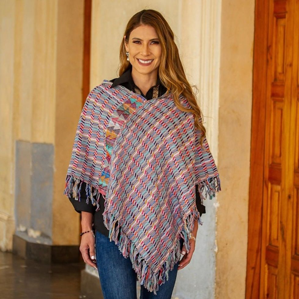 Multicolored Striped Cotton Poncho from Mexico 'Color of the Morning'