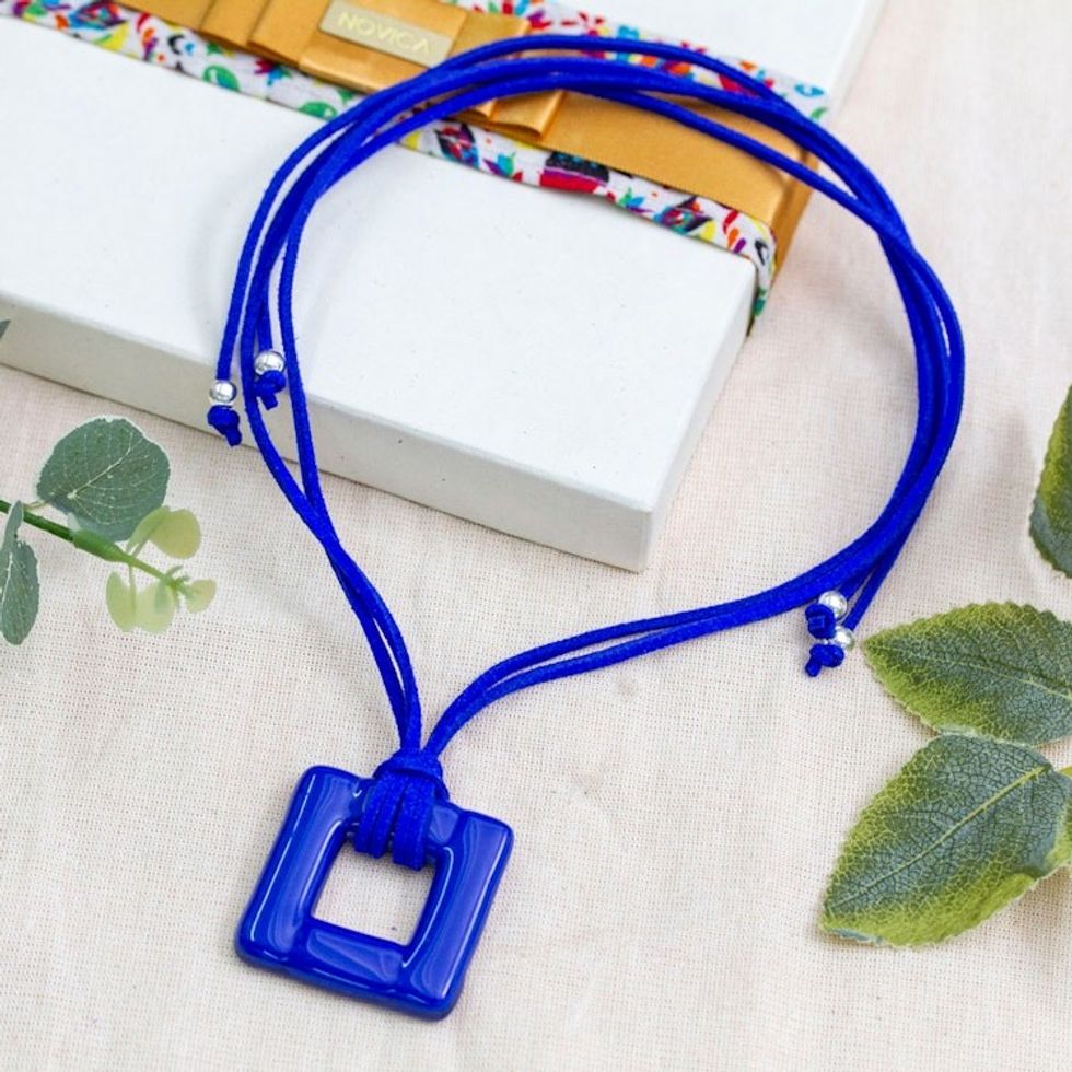 Fused Art Glass Blue Square Pendant Necklace with Suede Cord 'Lapis Square'