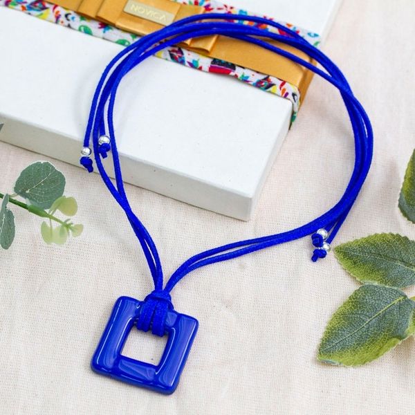 Alternate image for Fused Art Glass Blue Square Pendant Necklace with Suede Cord Lapis Square