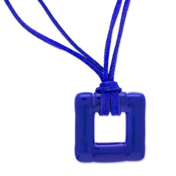 Alternate image for Fused Art Glass Blue Square Pendant Necklace with Suede Cord Lapis Square