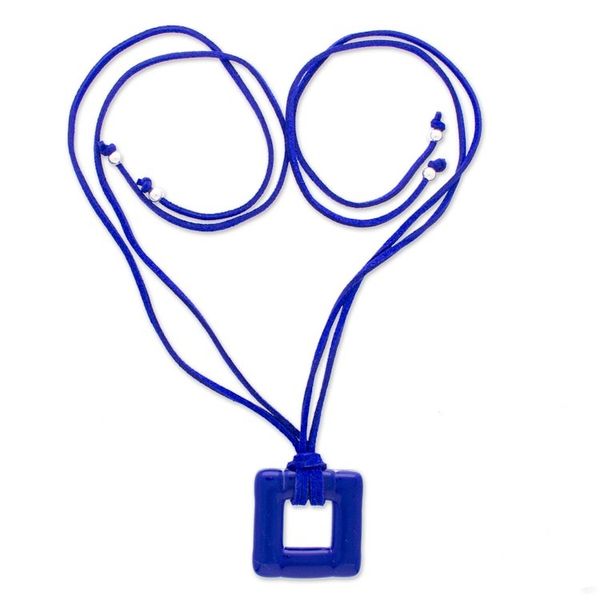 Alternate image for Fused Art Glass Blue Square Pendant Necklace with Suede Cord Lapis Square