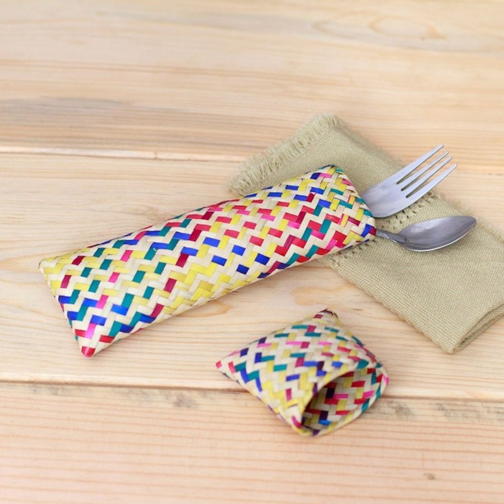 Multicolored Hand-Woven Palm Fiber Utensil Holder with Lid 'Color Burst'