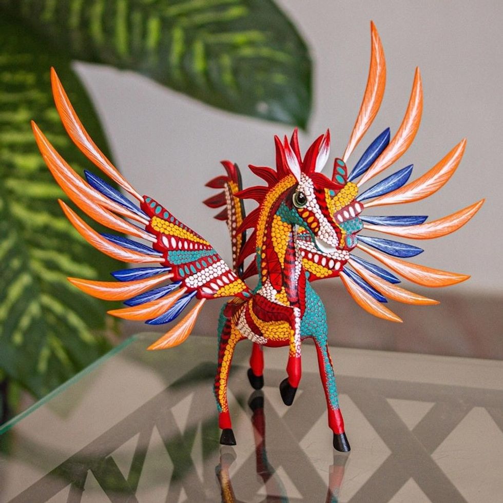 Handcrafted Alebrije Wood Pegasus Statuette from Mexico 'Magnificent Pegasus'