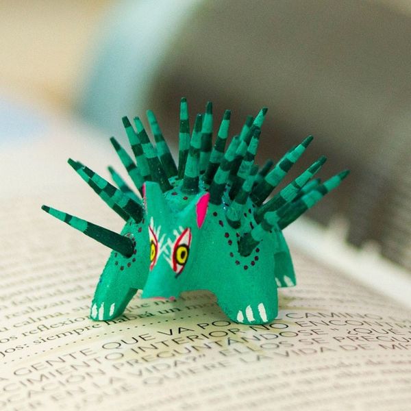 Alternate image for Hand-Painted Wood Alebrije Porcupine Figurine in Jade Green Cute Porcupine in Jade