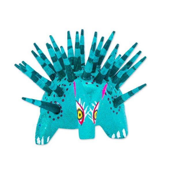 Alternate image for Hand-Painted Wood Alebrije Porcupine Figurine in Jade Green Cute Porcupine in Jade