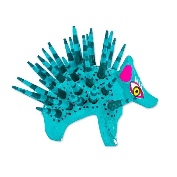 Alternate image for Hand-Painted Wood Alebrije Porcupine Figurine in Jade Green Cute Porcupine in Jade