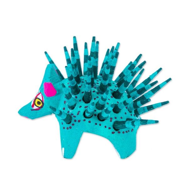 Alternate image for Hand-Painted Wood Alebrije Porcupine Figurine in Jade Green Cute Porcupine in Jade