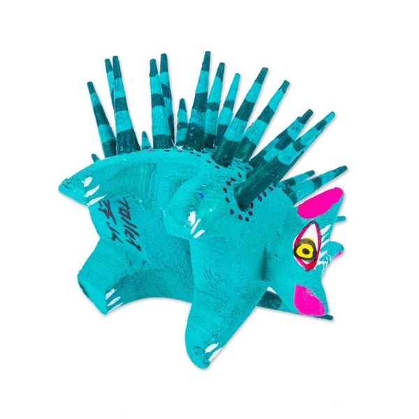 Alternate image for Hand-Painted Wood Alebrije Porcupine Figurine in Jade Green Cute Porcupine in Jade