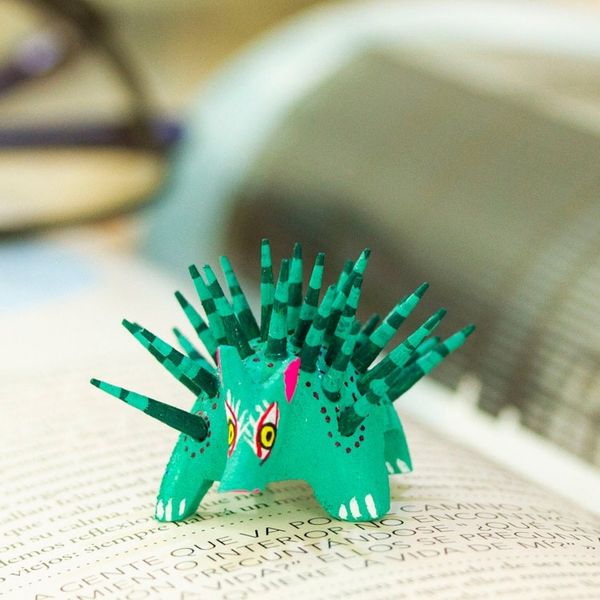 Alternate image for Hand-Painted Wood Alebrije Porcupine Figurine in Jade Green Cute Porcupine in Jade
