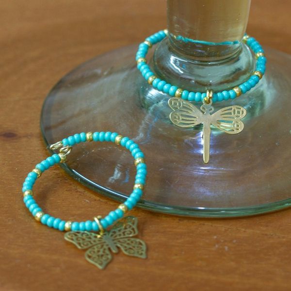Alternate image for Set of 2 Handmade Beaded Drink Markers with Golden Pendants Turquoise Flutter