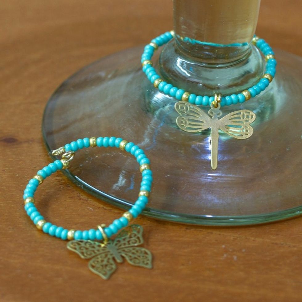 Set of 2 Handmade Beaded Drink Markers with Golden Pendants 'Turquoise Flutter'