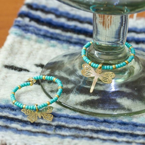 Alternate image for Set of 2 Handmade Beaded Drink Markers with Golden Pendants Turquoise Flutter