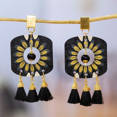 Alternate image for Gold-Accented Floral Black Chandelier Earrings with Tassels Royal Blossoming