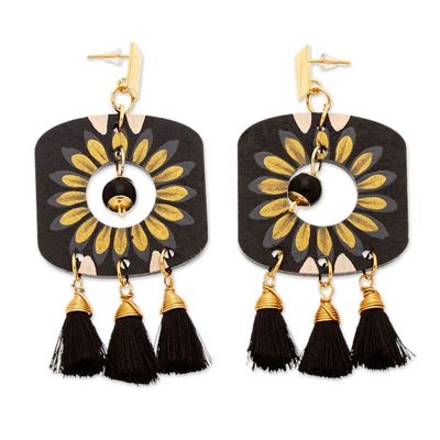 Alternate image for Gold-Accented Floral Black Chandelier Earrings with Tassels Royal Blossoming