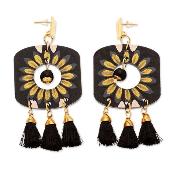 Alternate image for Gold-Accented Floral Black Chandelier Earrings with Tassels Royal Blossoming