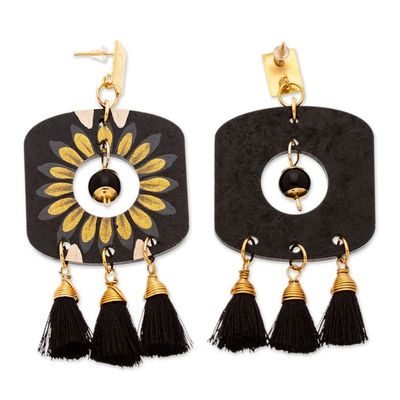 Alternate image for Gold-Accented Floral Black Chandelier Earrings with Tassels Royal Blossoming