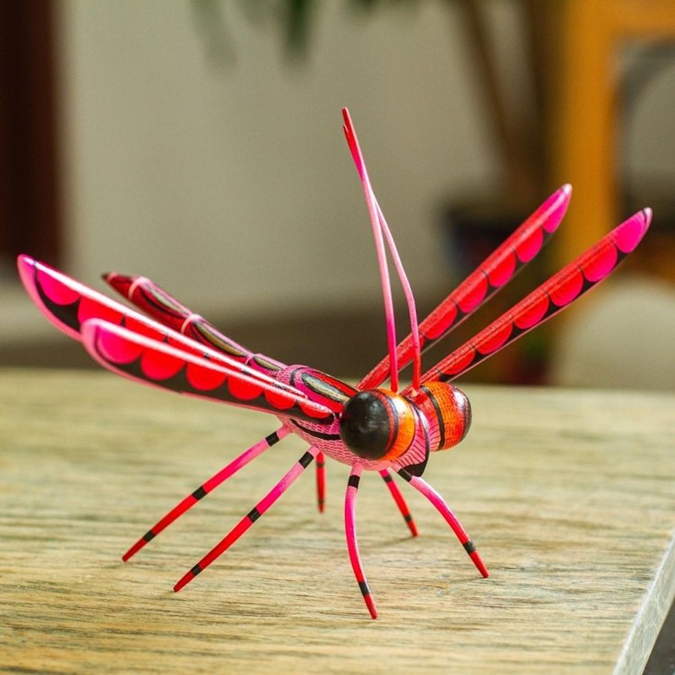 Handcrafted Pink Copal Wood Dragonfly Sculpture from Mexico 'Sweet Freedom in Pink'