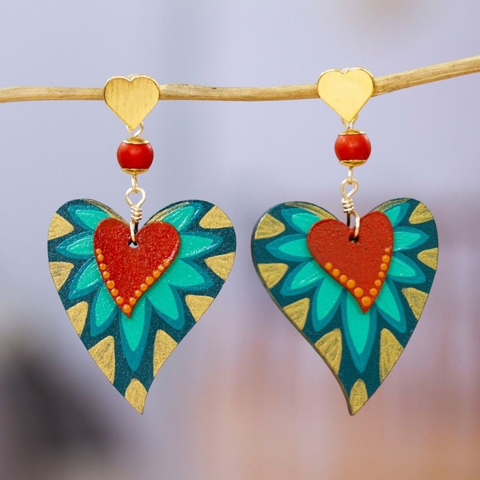 Nature-Inspired Hand-Painted Agate Heart Dangle Earrings 'Jungle Heart'