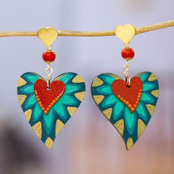 Alternate image for Nature-Inspired Hand-Painted Agate Heart Dangle Earrings Jungle Heart