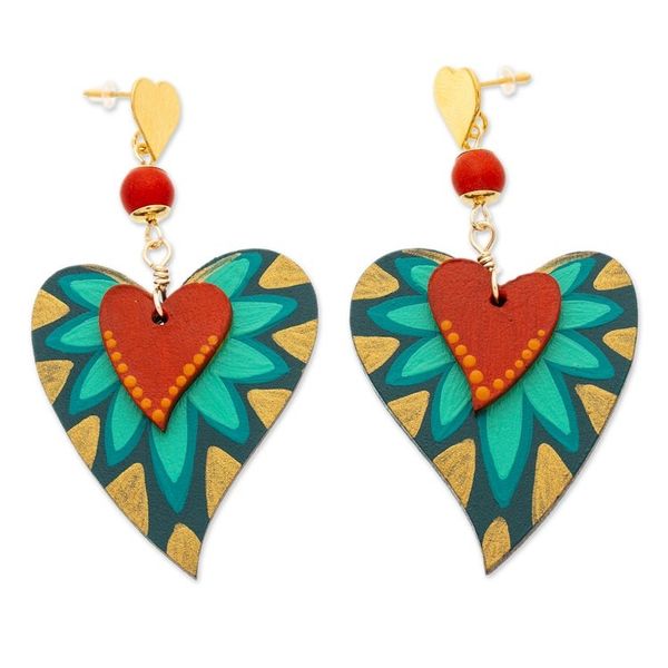 Alternate image for Nature-Inspired Hand-Painted Agate Heart Dangle Earrings Jungle Heart