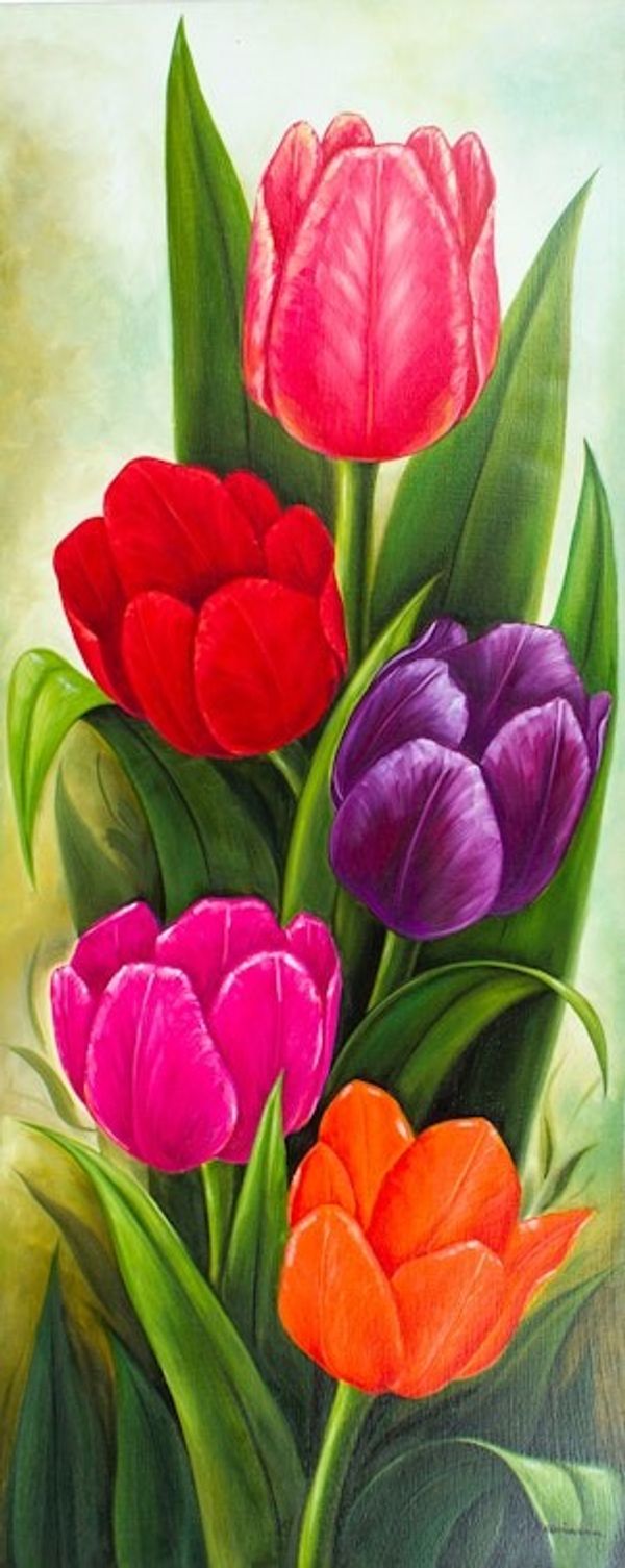 Alternate image for Signed Painting of Five Tulips from Mexico Five Tulips