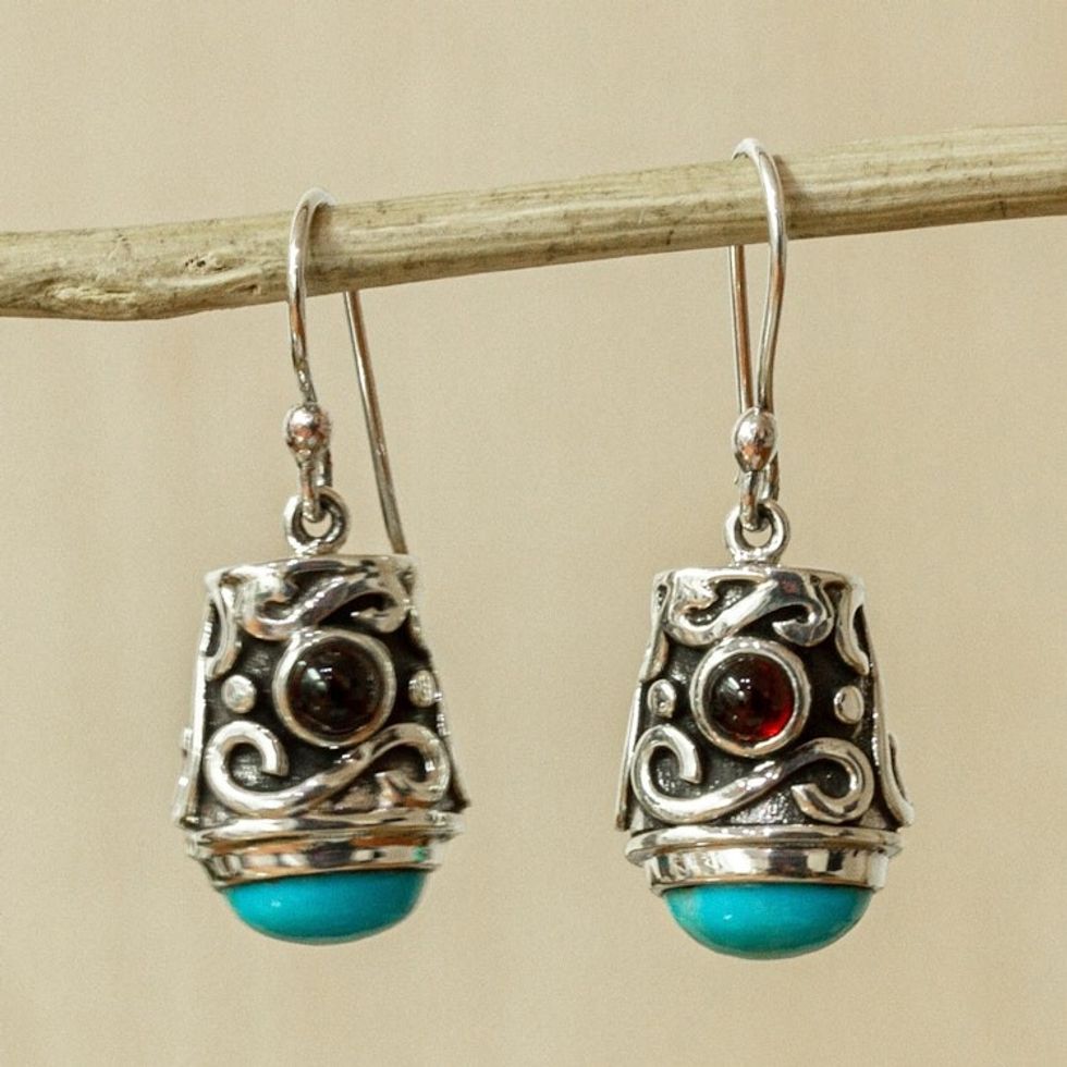 Turquoise Garnet Ornate Silver Dangle Earrings from Mexico 'Elegant Drop'