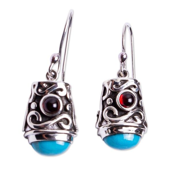 Alternate image for Turquoise Garnet Ornate Silver Dangle Earrings from Mexico Elegant Drop