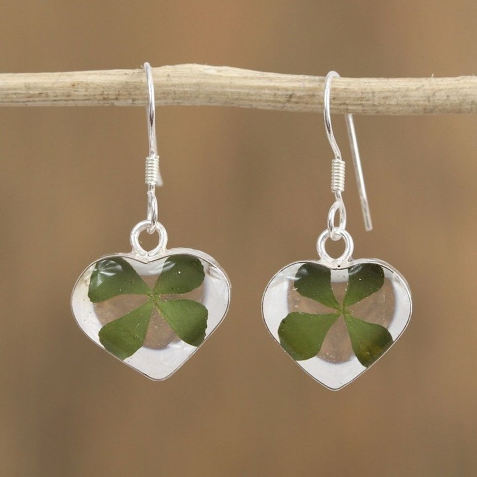 Heart-Shaped Natural Clover Dangle Earrings from Mexico 'Clover Hearts'