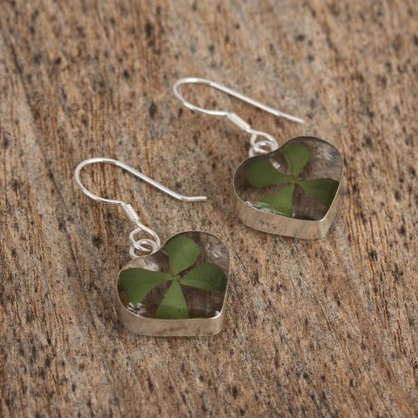 Alternate image for Heart-Shaped Natural Clover Dangle Earrings from Mexico Clover Hearts