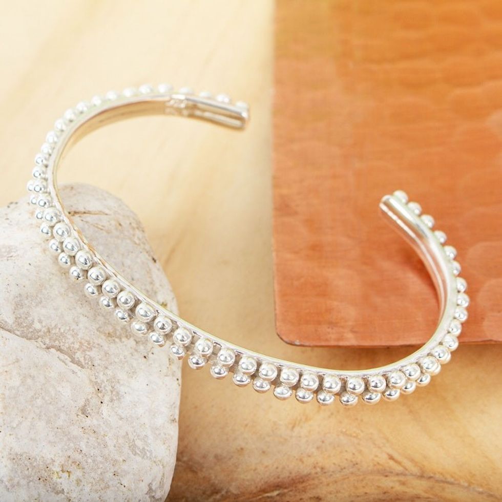 Beaded Taxco Sterling Silver Cuff Bracelet 'Taxco Marquee'