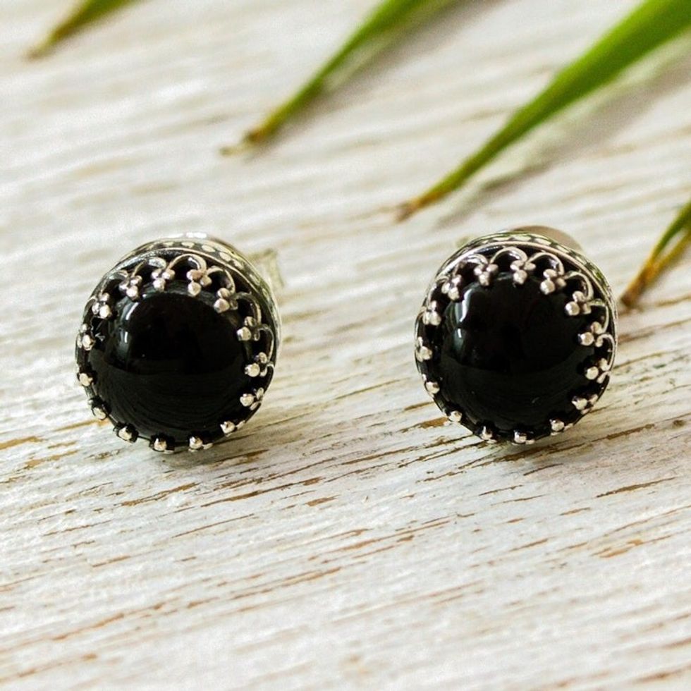 Taxco Silver Stud Earrings with Obsidian from Mexico 'Night Elegance'