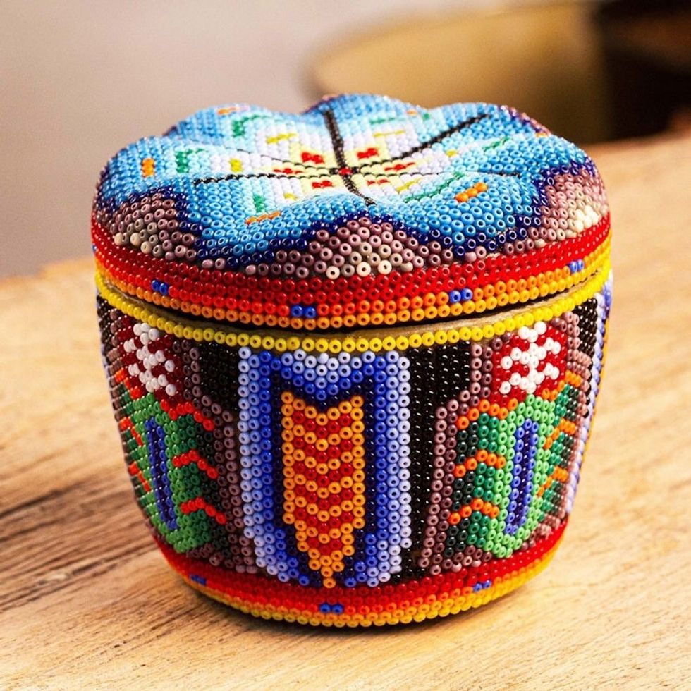 Artisan Crafted Huichol Decorative Box 'Precious Peyote'
