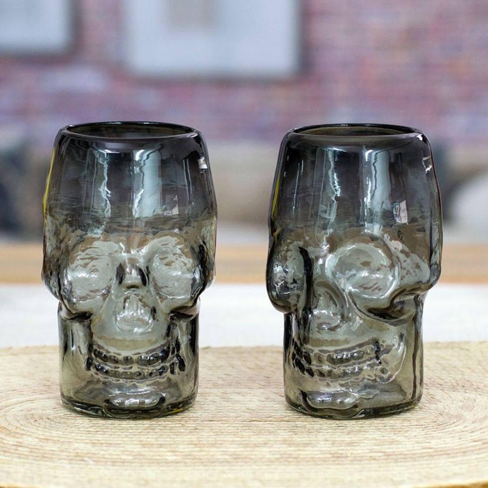 2 Black Clear Skull-Shaped Handblown Recycled Glass Tumblers 'Smoke Mexican Skull'