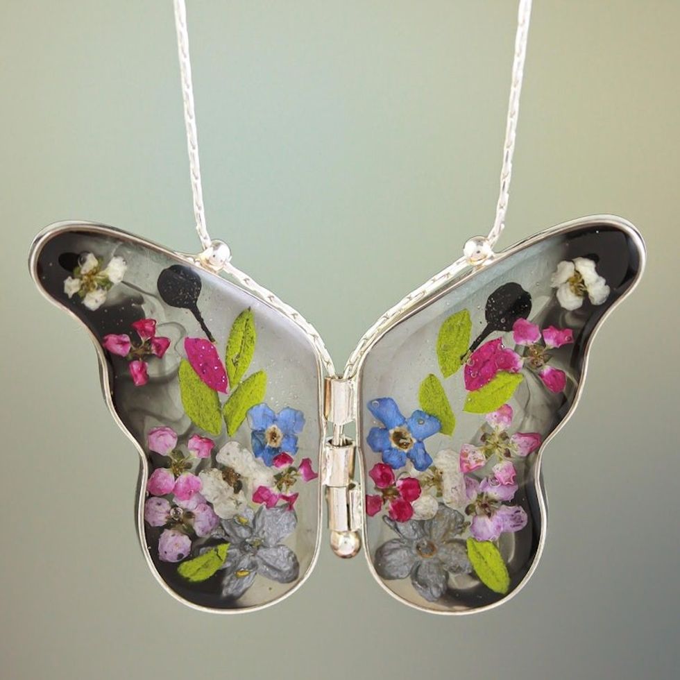 Sterling Silver and Dried Flower Black Butterfly Necklace 'Black Mexican Butterfly'