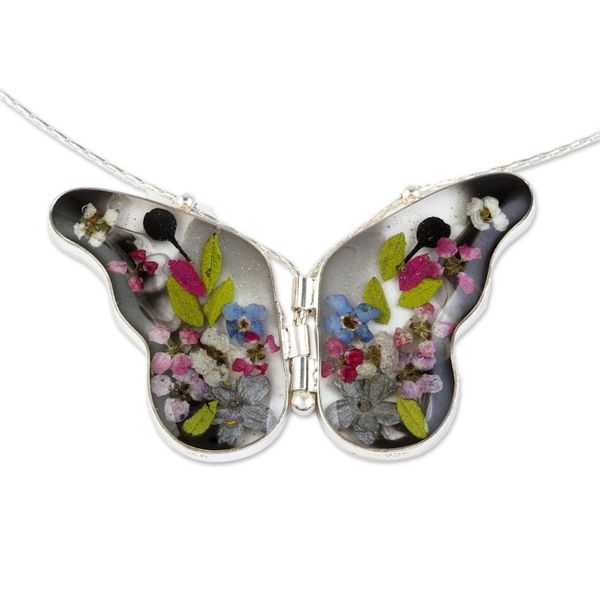 Alternate image for Sterling Silver and Dried Flower Black Butterfly Necklace Black Mexican Butterfly