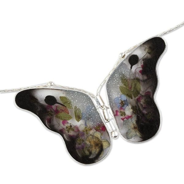 Alternate image for Sterling Silver and Dried Flower Black Butterfly Necklace Black Mexican Butterfly