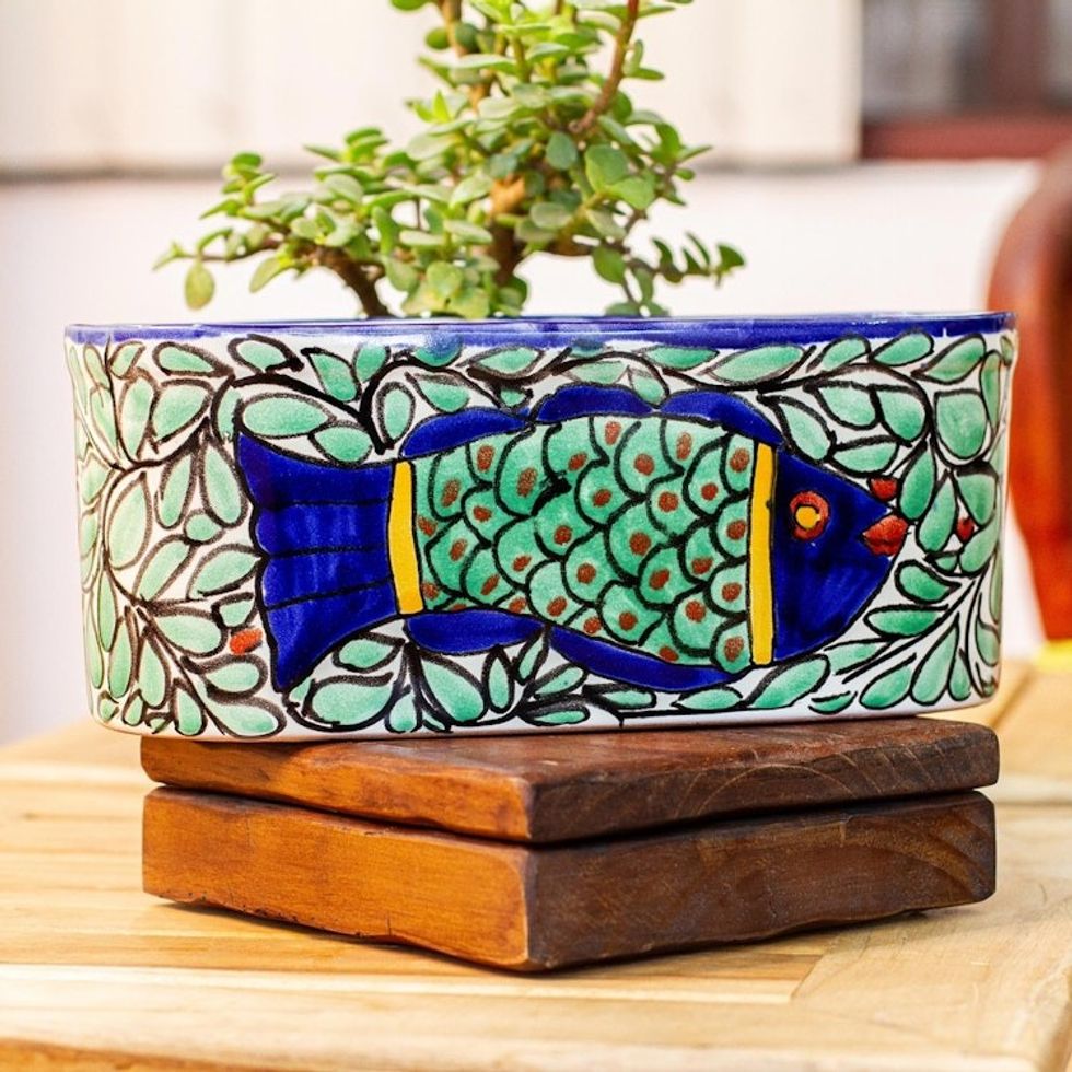 Talavera Style Fish-themed Ceramic Planter Box from Mexico 'Pescado Azul'