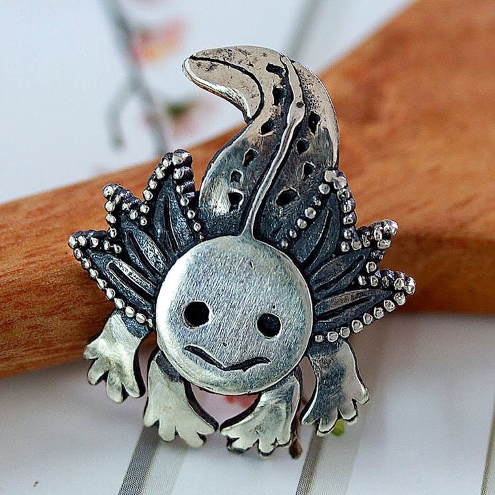 Polished and Oxidized Sterling Silver Axolotl Pendant 'Axolotl Spirit'