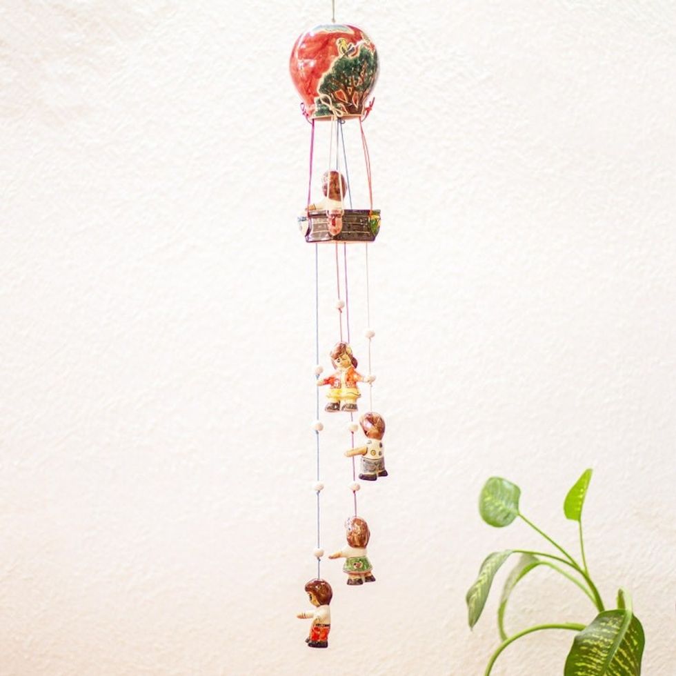 Hand Painted Ceramic Hot Air Balloon Wind Chime 'Balloon Ride'